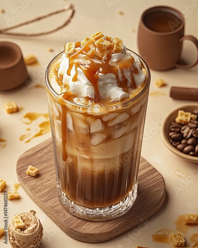 Caramel coffee drink with whipped cream and crispy topping.  A refreshing blend of iced coffee, creamy topping, and sweet caramel drizzle, garnished with crispy, square-shaped topping photo