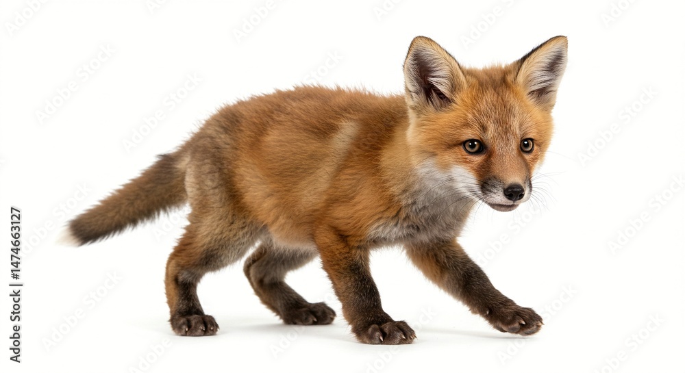 Fototapeta premium A young, red fox kit with soft fur stands on a stark white background, gazing forward with bright, curious eyes. 