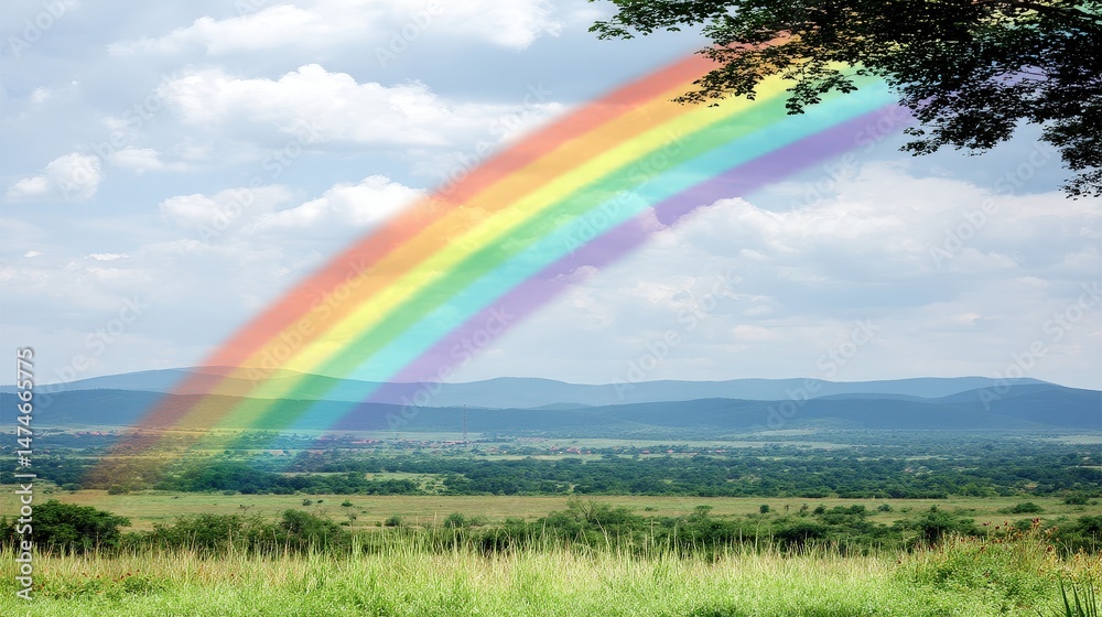 Obraz premium Vibrant Rainbow Arching Across Lush Green Landscape Under Cloudy Sky in Nature Scene
