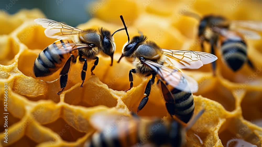 Close-up of bees on honeycomb, showcasing their intricate structure and behavior.