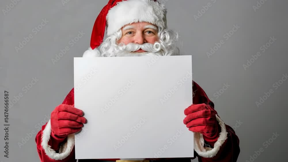 Cheerful Santa Claus Holding a Blank Sign Mock Up with Space for Your Text, Holiday Promotions and Events. Jolly Santa Claus gesturing pointing on white banner placard, festive themes advertising.