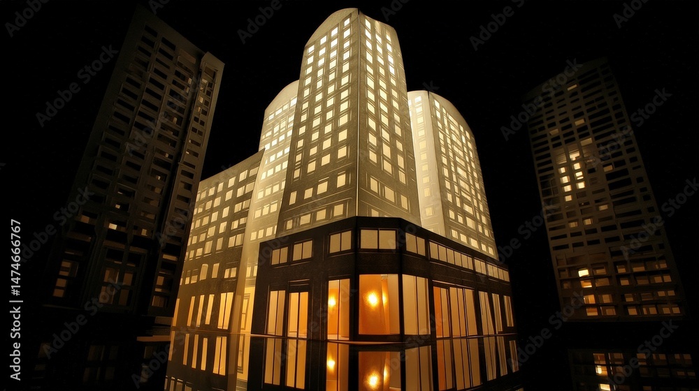 Fototapeta premium Architectural Model of Modern Skyscrapers at Night with Illuminated Windows and Dark Background