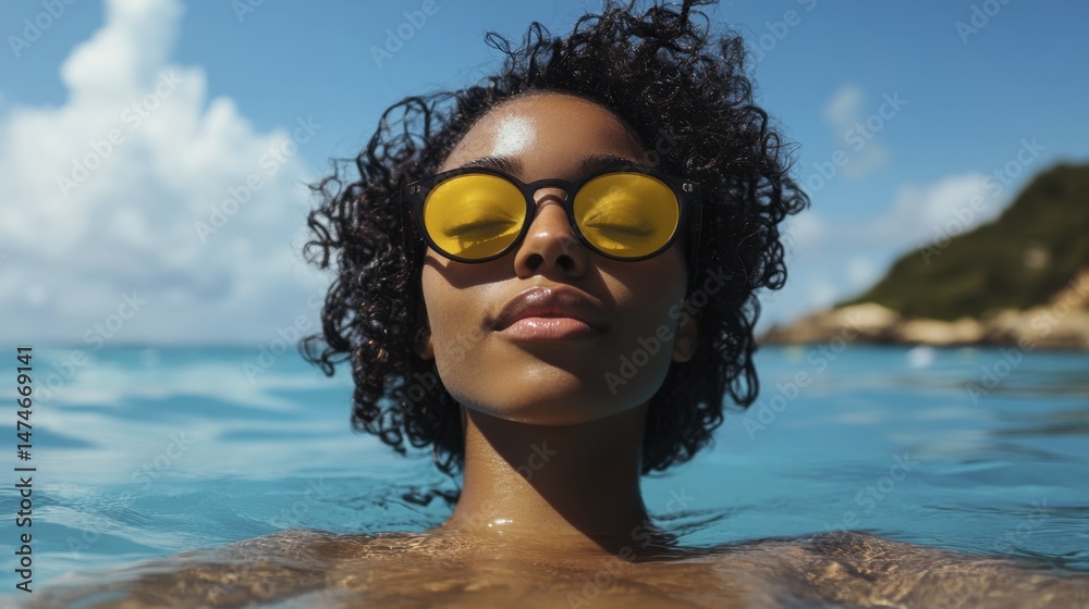 Naklejka premium Portrait of a Black Woman Wearing Yellow Sunglasses Floating in Water