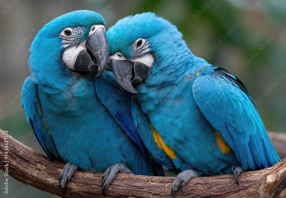 Obraz premium Two blue macaw parrots in love, one bird is holding the other's head with its beak and wings open to keep it safe on its branch
