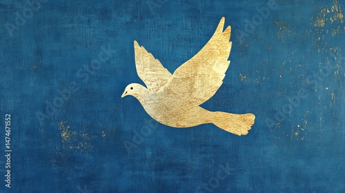 White dove flying against a blue textured background symbolising peace and hope.