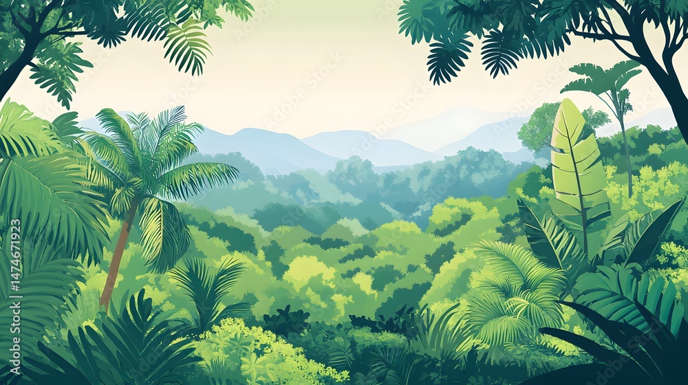 Fototapeta premium Lush tropical landscape viewed through dense foliage.