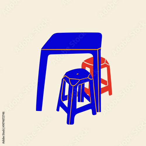 Plastic furniture. Colorful square table, stools. Plastic portable seats. Asian cafe, coffee table, street food, local food concept. Hand drawn modern Vector illustration. Isolated design element