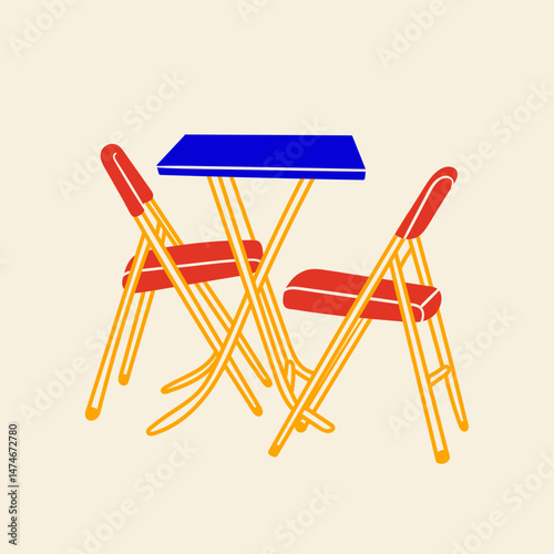 Plastic furniture. Colorful square table, chairs. Plastic portable seats. Asian cafe, coffee table, street food, local food concept. Hand drawn modern Vector illustration. Isolated design element
