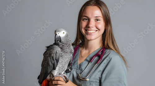 Grey Parrot at Veterinary Clinic Female Veterinarian with Exotic Pet Bird, Animal Care, Health Checkup, Domestic Pet Examination, Tropical Ornithology, Cute Feathered Companion, Smiling Vet Nurse