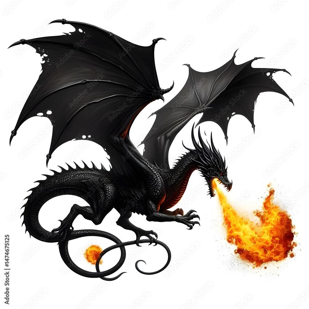 Naklejka premium A black dragon spitting fire isolated on white background
