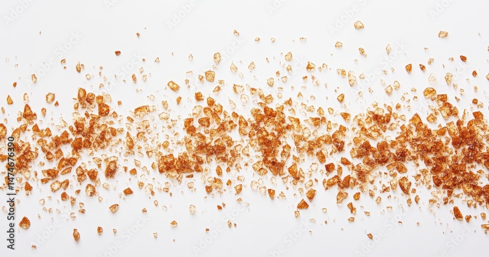 Scattered, light brown, granular spice or sugar crystals on a white background Scattered, light brown, granular spice or sugar crystals on a white background