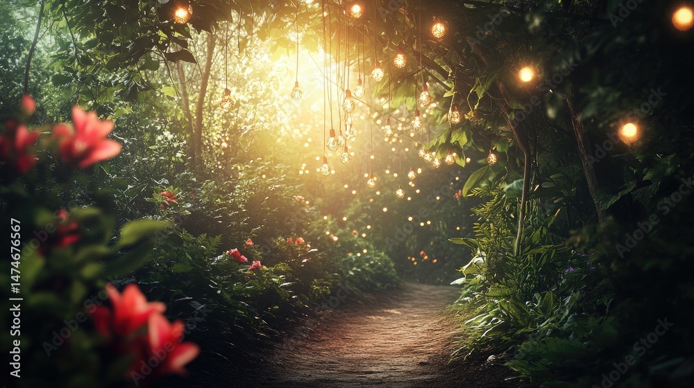 Obraz premium there is a pathway with stairs and flowers in the middle, beautiful render of a fairytale, enchanted magical fantasy
