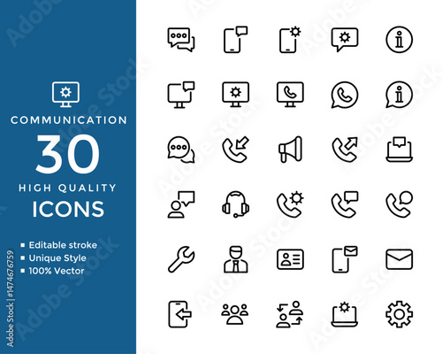 Communication Line Icons Set – Outline Vector Symbols for Chat, Speech, Contact, Discussion, Consultation, and Conversation Apps