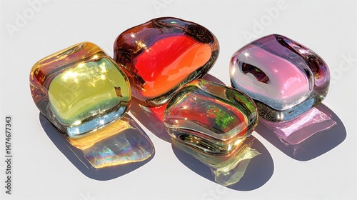 set of abstract shapes with glass texture and colorful reflections isolated on white 3d rendering illustration.stock image