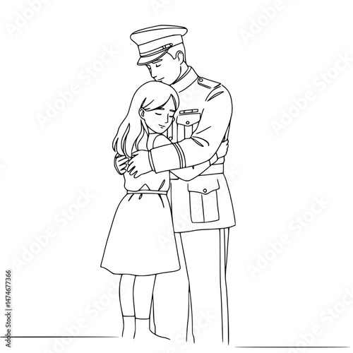 Embracing soldier comforting girl in line drawing style, transparent background  