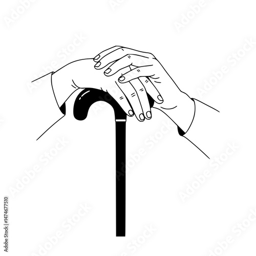 Hands resting on a cane in minimalist line drawing style, transparent background  