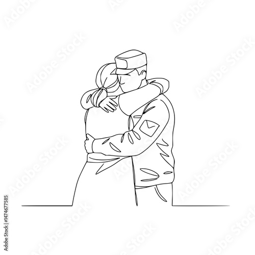 Soldier Returning Home Embracing Wife - Line Drawing on Transparent Background  