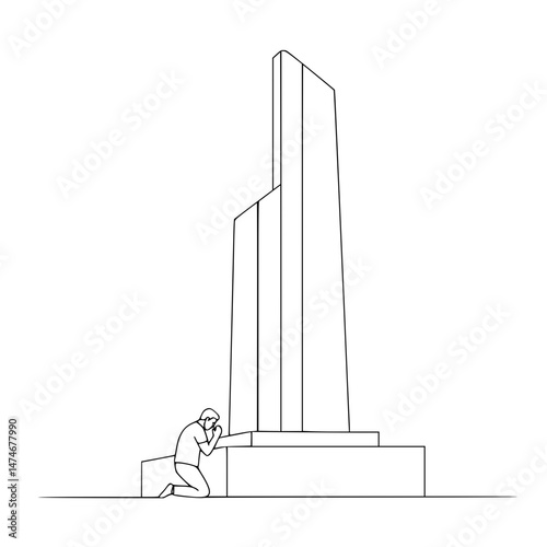 Man praying in front of a memorial, linear drawing, transparent background, Veterans Day  