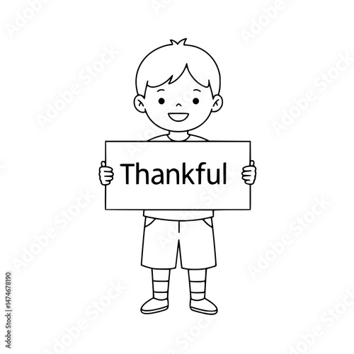 Happy boy holding "Thankful" sign in line drawing style  
