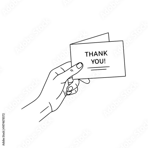 Hand holding a thank you card in line drawing style, transparent background  