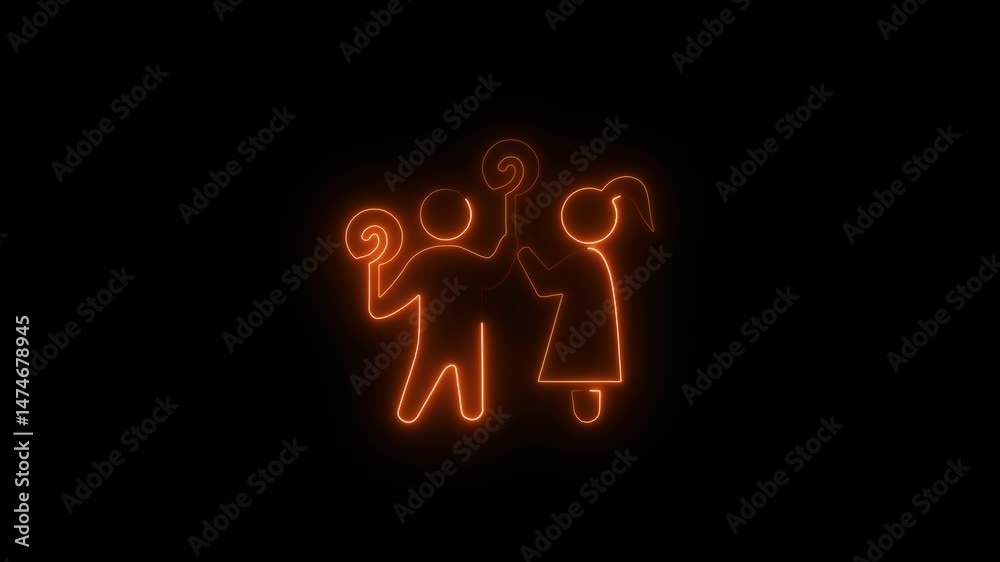 Glowing neon outline of two figures sharing candies in dark background Glowing neon outline of two figures sharing candies in dark background