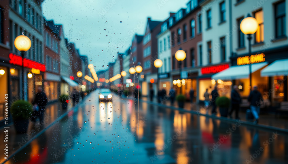 Fototapeta premium A blurry city street with people walking and cars driving. The rain has created a misty atmosphere, making the scene feel dreamy and romantic