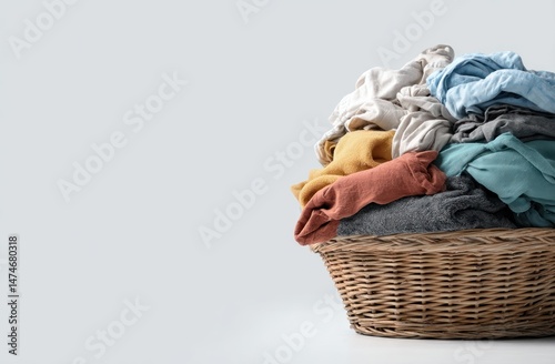 Wicker basket filled with assorted colorful clothes against a plain background.