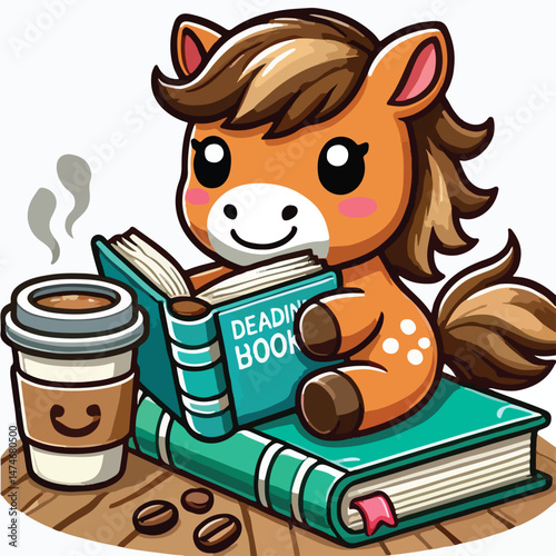 Cute Horse Reading Book With Coffee Cartoon Vector Icon Illustration