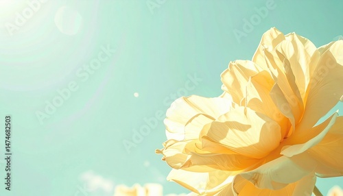 Blooming yellow rose under clear blue sky nature photography outdoor vibrant close-up perspective