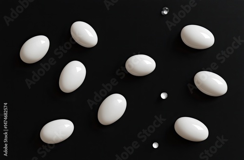 White eggs scattered on black background