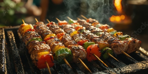 Delicious grilled shish kebabs with meat and colorful bell peppers sizzling on a hot outdoor barbecue