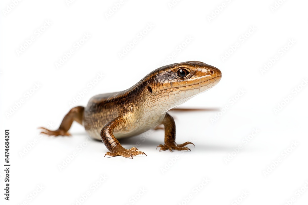 Naklejka premium Close-up of a brown and tan skink lizard on a white background.