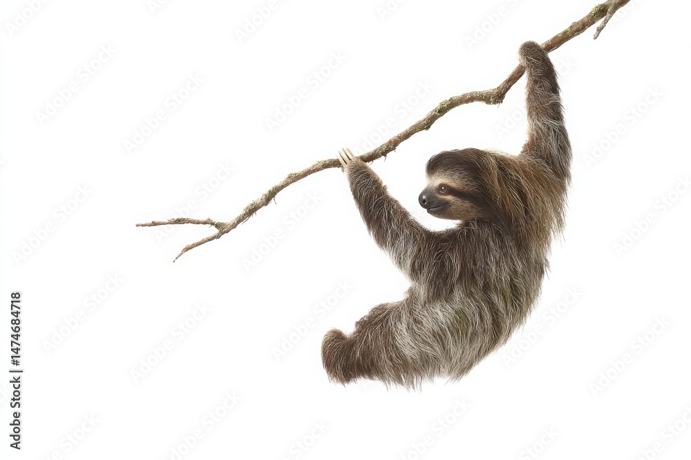 Obraz premium A brown sloth hangs from a tree branch against a white background.