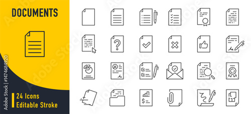 Document web icons in line style. Clipboard, certificate, accept, approved, invoice, archive, collection. Vector illustration.