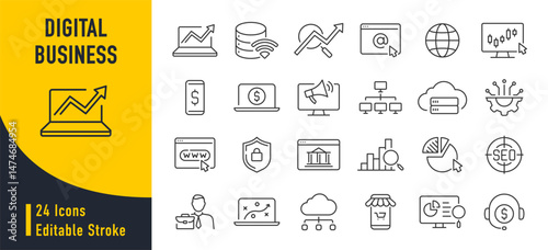 Digital Business web icons in line style. Marketing, data management, social network, business technology, information technology, collection. Vector illustration.