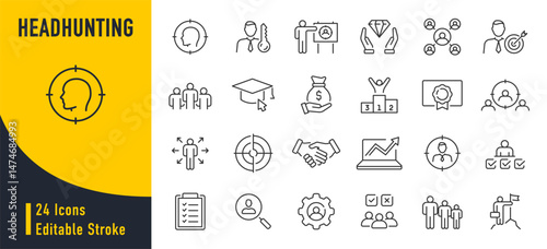 Headhunting web icons in line style. Recruitment, career, resume, work group, candidate, job hiring, collection. Vector illustration.
