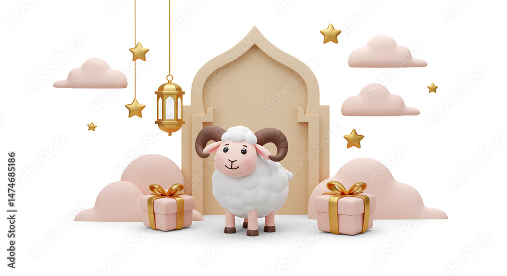 Naklejka premium Cute 3D ram illustration with festive decorations and gifts, suitable for Eid al-Adha greetings and holiday social media posts