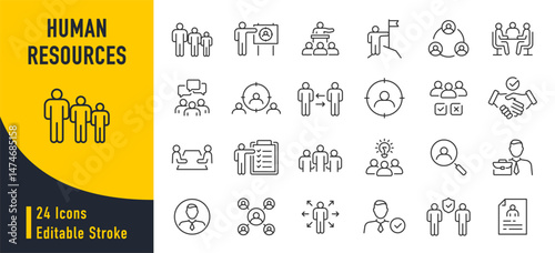 Human resources web icons in line style. Headhunting, career, resume, work group, candidate, job hiring, collection. Vector illustration.