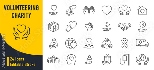 Volunteering and charity web icons in line style. Donate, donor, doctor, care, help, support, collection. Vector illustration.