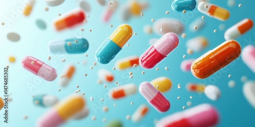 Colorful capsules and pills floating in a bright background during a health and wellness concept