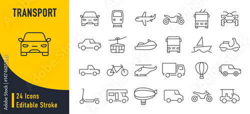 Transport and vehicle web icons in line style. Cars, airplane, bus, parking, travel, train, bike, scooter, truck, helicopter, collection. Vector illustration.