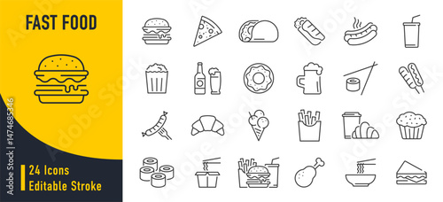 WebFast food web icon set in line style. Pizza, chips, burger, french fries, hot dog, collection. Vector illustration.
