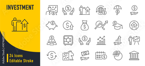 Investment web icons in line style. Business, profit, risk management, finance, economic, money, collection. Vector illustration.