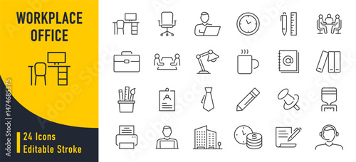 Office and Workplace web icons in line style. Employe, conference, project, document, business, work, support, contact us, productivity strategy, collection. Vector illustration.