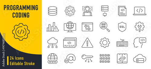 Programming and coding web icons in line style. Information technology, developer, idea, advertising, app, archive, collection. Vector illustration.