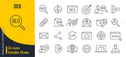 SEO web icons in line style. Contact, target, business and marketing, traffic, ranking, optimization, website collection. Vector illustration.