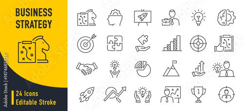 Business Strategy web icon in line style. Srtategy, startup, teamwork, people, plan, payment, management, target, employee, infographic. Icon collection. Vector illustration.