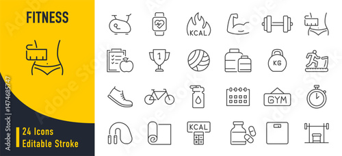 Fitness web icons in line style. Fitness, entertainment, healthy food, gym, training, workout, muscle, nutrition and dieting, collection. Vector illustration.