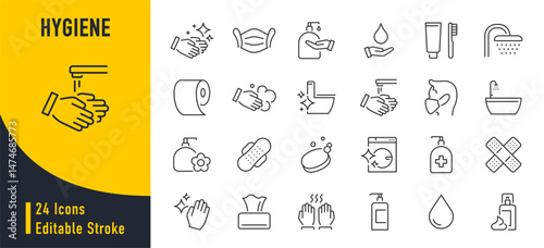 Hygiene web icon set in line style. Cleaning, washing hands, shower, seminar, soap, respiratory mask, antiseptic, clean, collection. Vector illustration.
