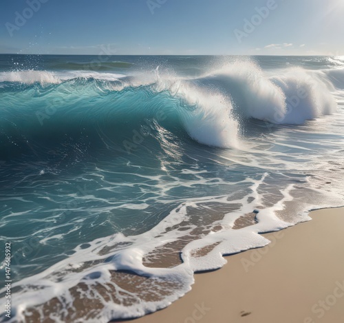Deep blue waves gently breaking on the beach, sunlit foam , deep ocean, shore, calm